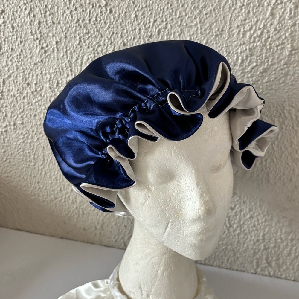 Reversible Satin Sleep Bonnet – Navy Blue & Silver – Extra Large, Elastic Fit - Picture 3 of 16